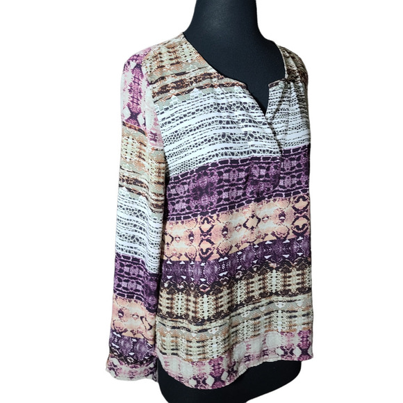 Milano top blouse long sleeve snake print color purple , beige sz M - Picture 2 of 8